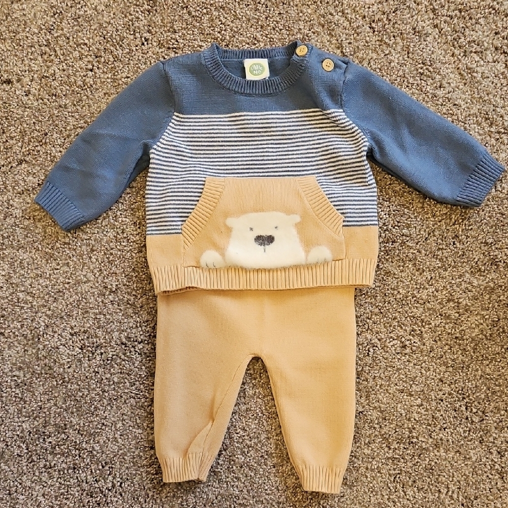 Little Me Blue And Tan Baby Outfit Sweater With Bear And Pants ☆ 3 Months EUC